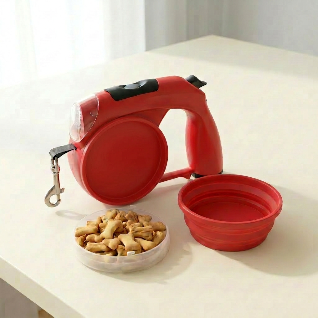A red retractable pet leash with a metal clip is shown on a light tabletop next to a matching red collapsible bowl and a small dish of dog treats.