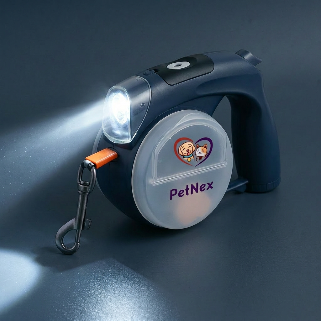 A PetNex retractable pet leash with an integrated flashlight and carabiner clip, shown on a dark gray studio background with the flashlight turned on.
