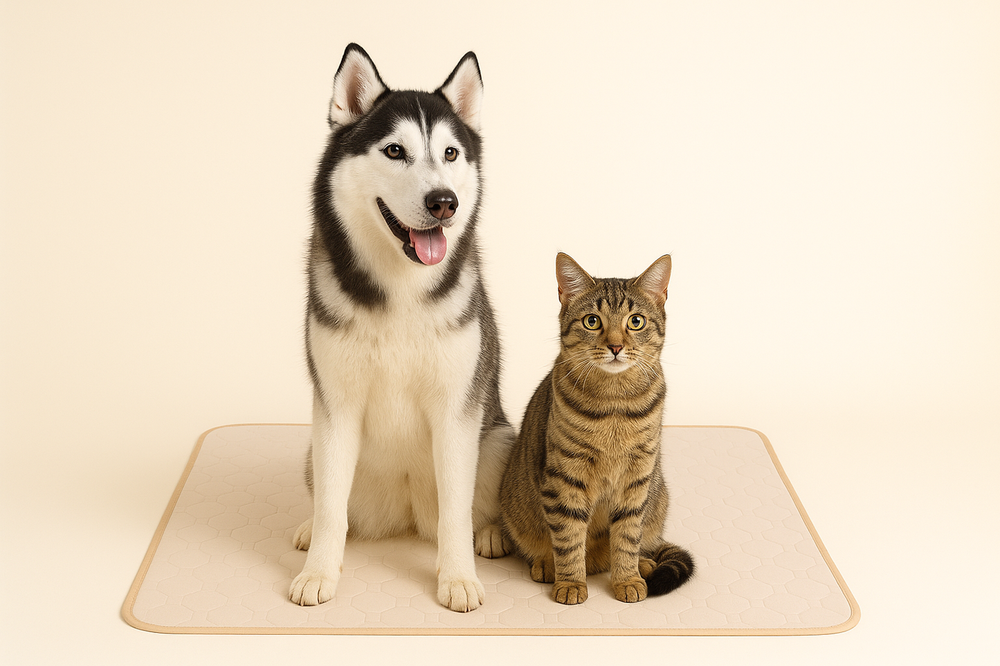 Dog and cat sitting on a mat against a beige background