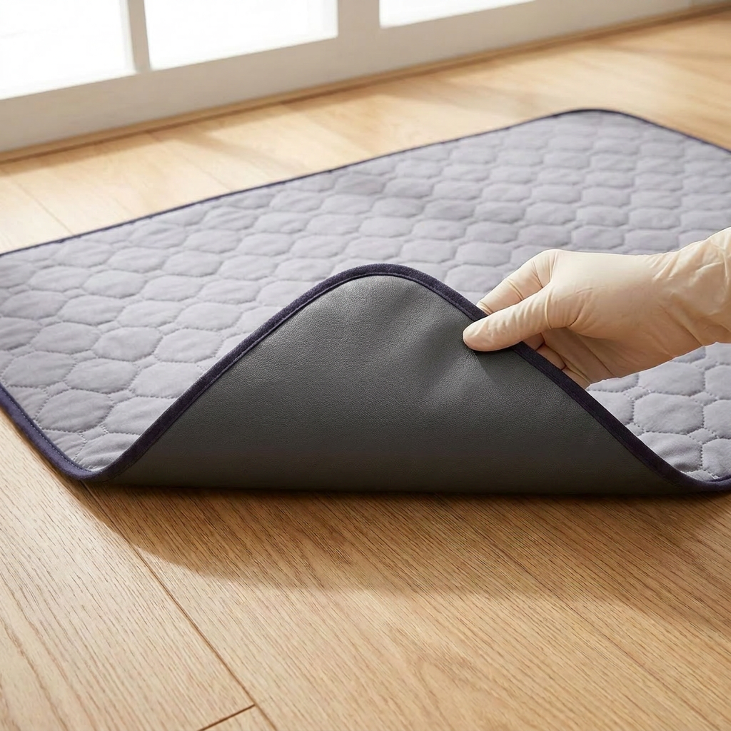 A grey PetNex reusable training pad quilted floor mat with a dark navy border is shown on a light wood floor, with a hand wearing a cream-colored glove lifting one corner to demonstrate its texture and flexibility.