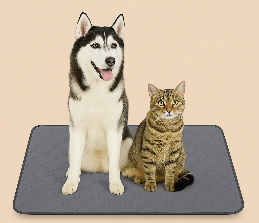 Dog and cat sitting on a grey pet mat with a beige background