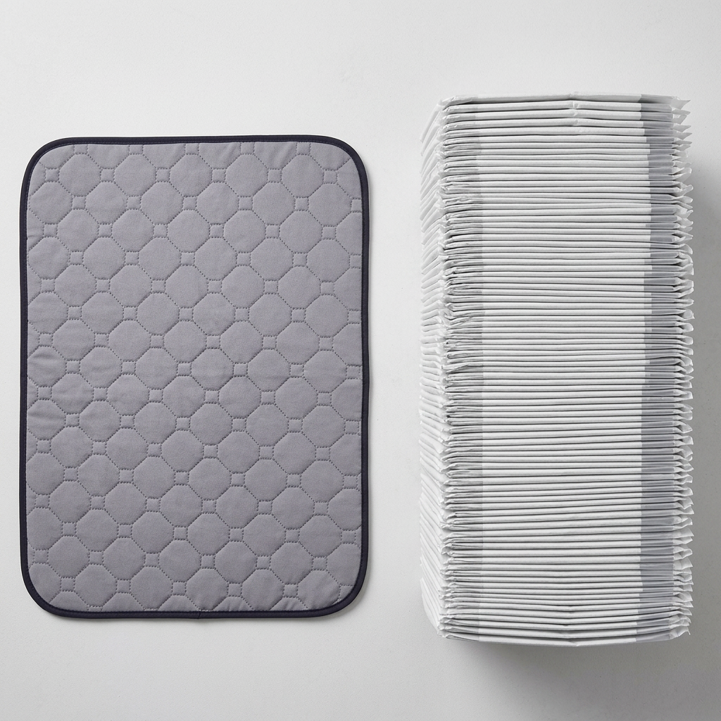 A single grey quilted rectangular mat with a dark border is shown beside a tall stack of identical mats on a light grey background.