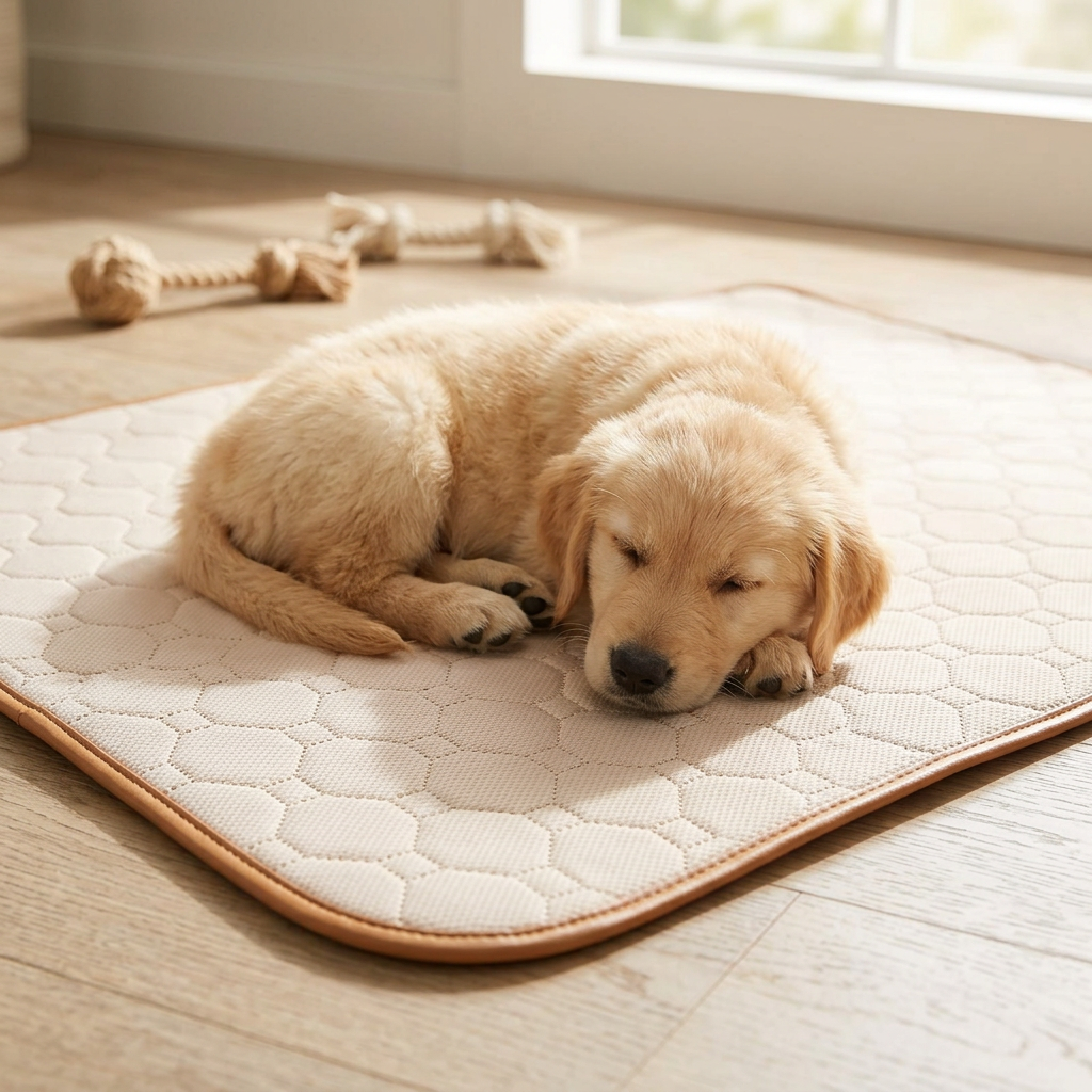 A golden retriever puppy sleeping peacefully on a cream-colored quilted dog mat with a tan border, placed on a light wood floor near a window.