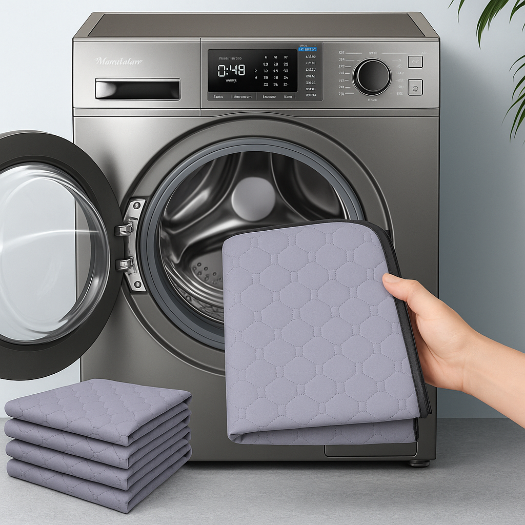 Person taking a folded gray quilt out of a washing machine with a stack of similar quilts nearby.