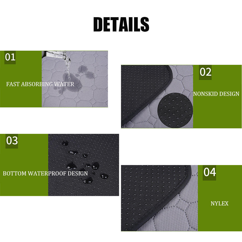 Product details of a mat with water absorption, nonskid design, waterproof bottom, and Nyllex material on a white background.