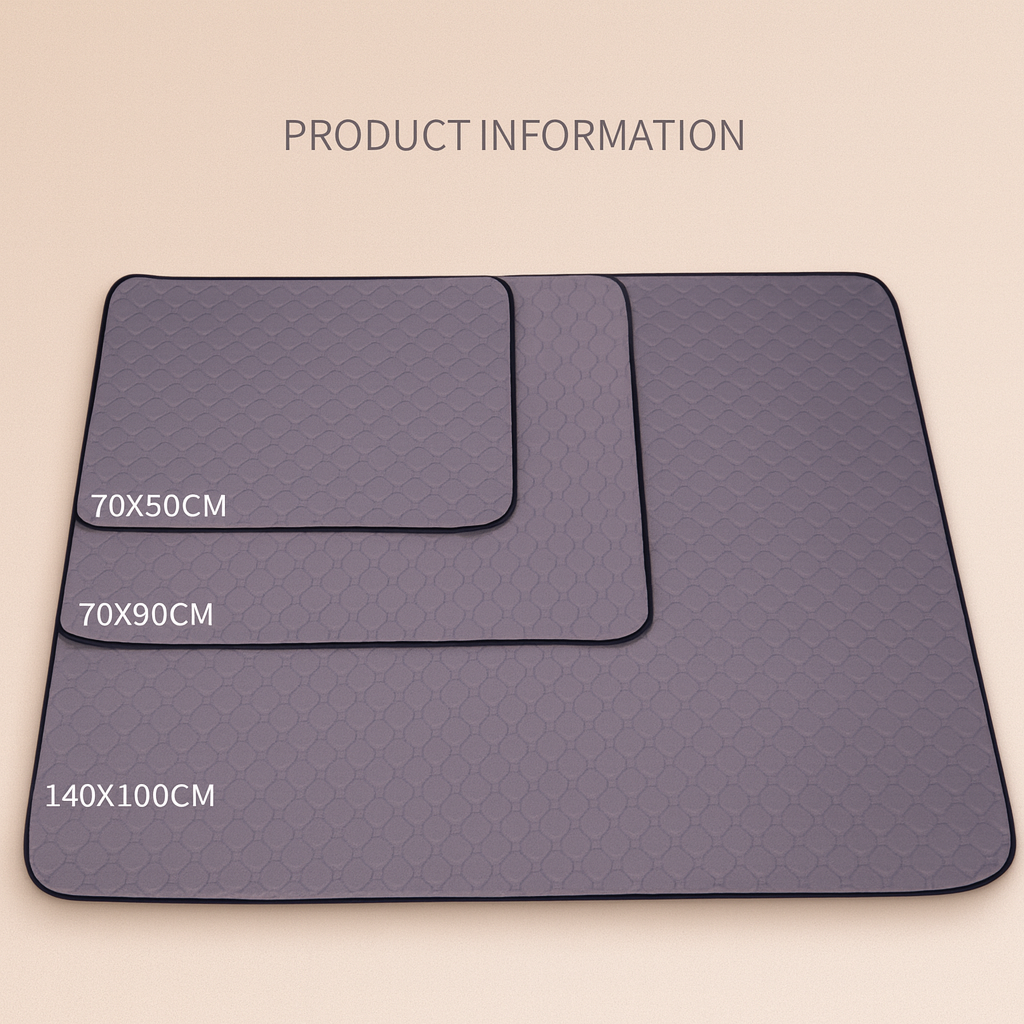 Gray quilted mat with dimensions on a beige background