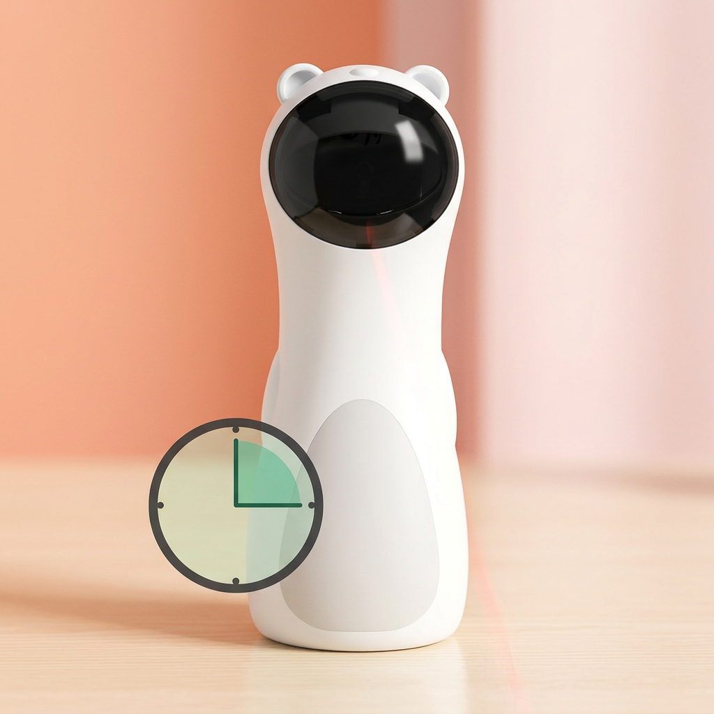 A white cat-shaped device with a large black circular face sits on a light wood surface against a soft peach-pink background. A green-tinted clock icon appears near the lower left of the device.