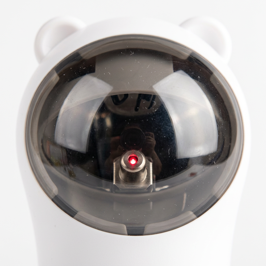 A close-up of a white bear-shaped security camera with a clear dome lens and a small red LED light at the center, photographed against a white background.