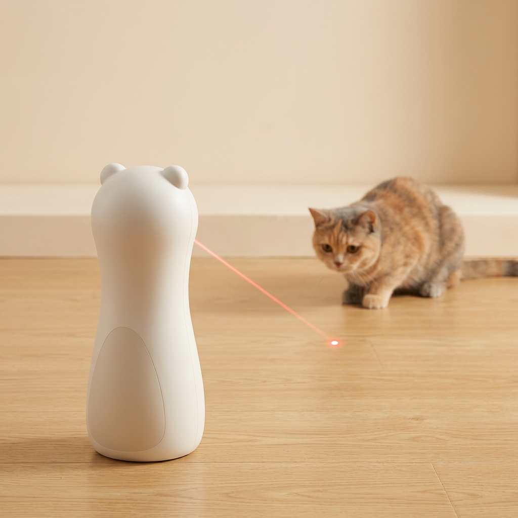 A white cat toy shaped like a cat back with a red laser pointer beam directed at it, with a brown tabby cat looking intently in the background on a wooden floor.