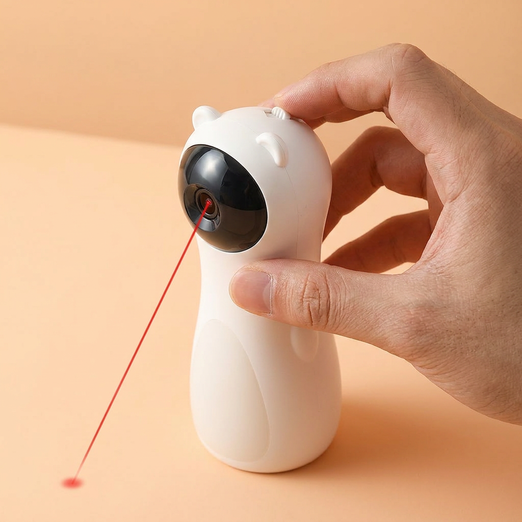 A hand holds a white cat-shaped laser pointer toy, with a red laser line aimed toward the surface below.