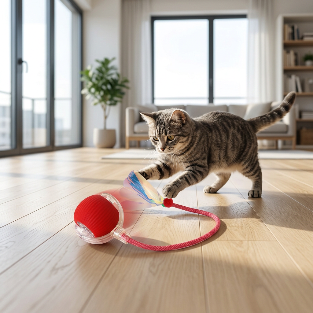 A brown tabby cat plays with a red and clear spherical toy attached to a red curved wand on a light wood floor in a bright living room.