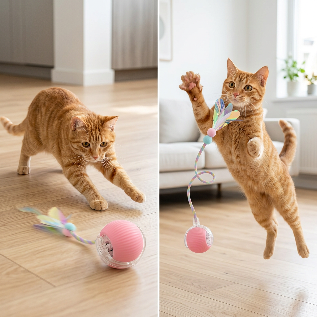 An orange tabby cat is shown indoors in two panels, interacting with a pink ball toy attached to a pastel rainbow feather wand. The left panel shows the cat walking toward the toy on a wood floor, and the right panel shows the cat jumping up to bat at the toy.