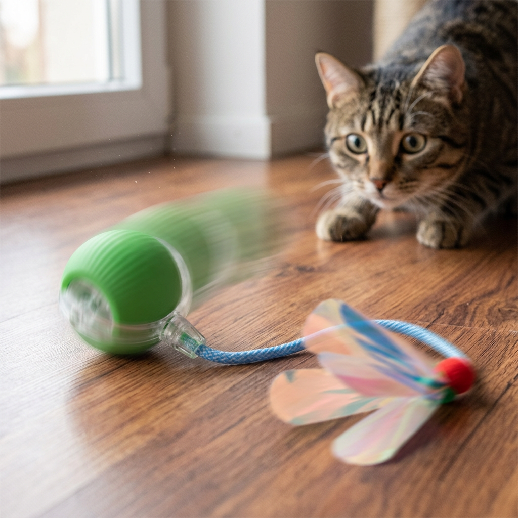 A tabby cat watches a green rolling toy with a blue string and a colorful butterfly-shaped tail on a wooden floor near a window.