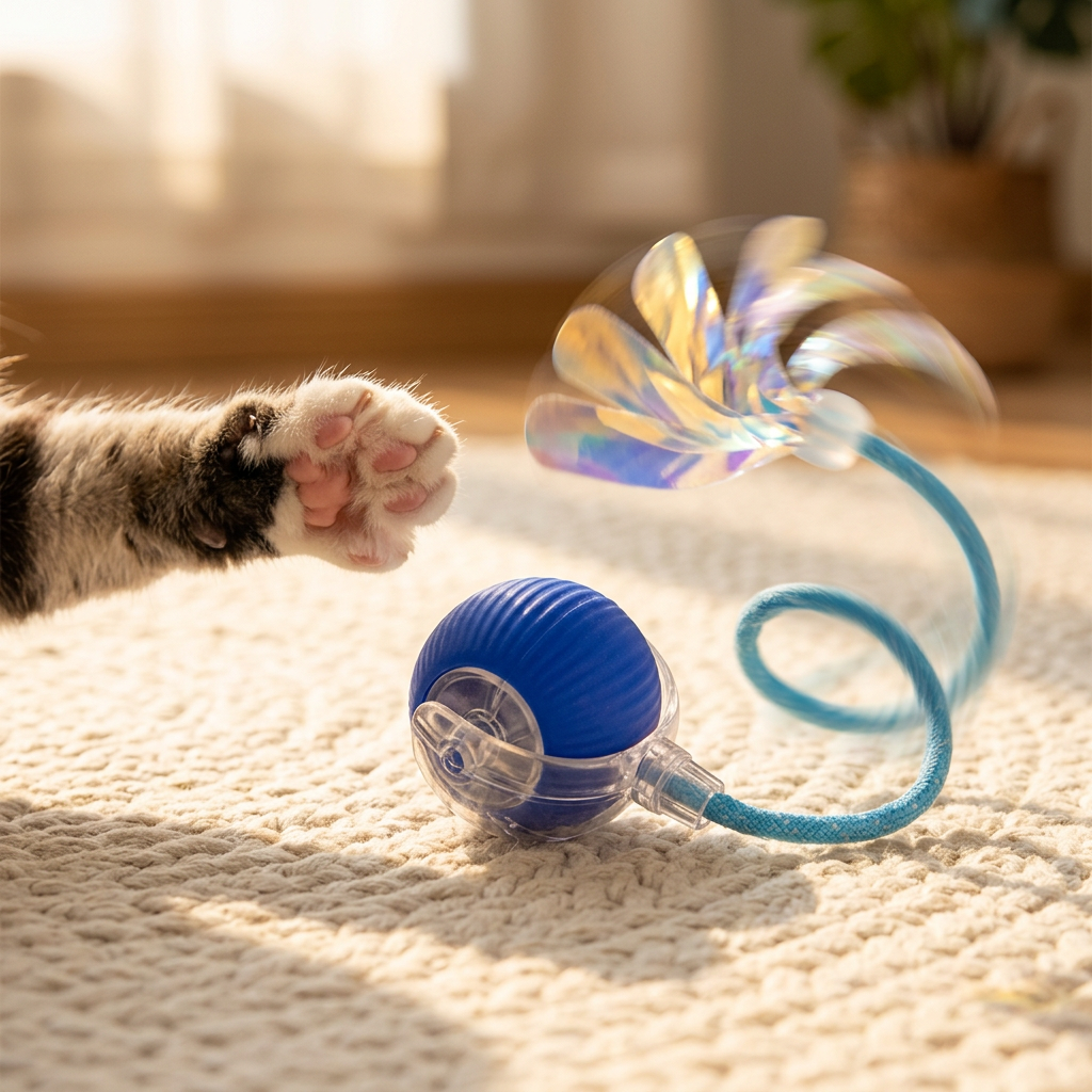 A blue ball-shaped cat toy with a translucent clear cap, attached to a flexible blue cord and an iridescent feather wand, shown on a beige carpet with a cat paw reaching toward it in warm sunlight.