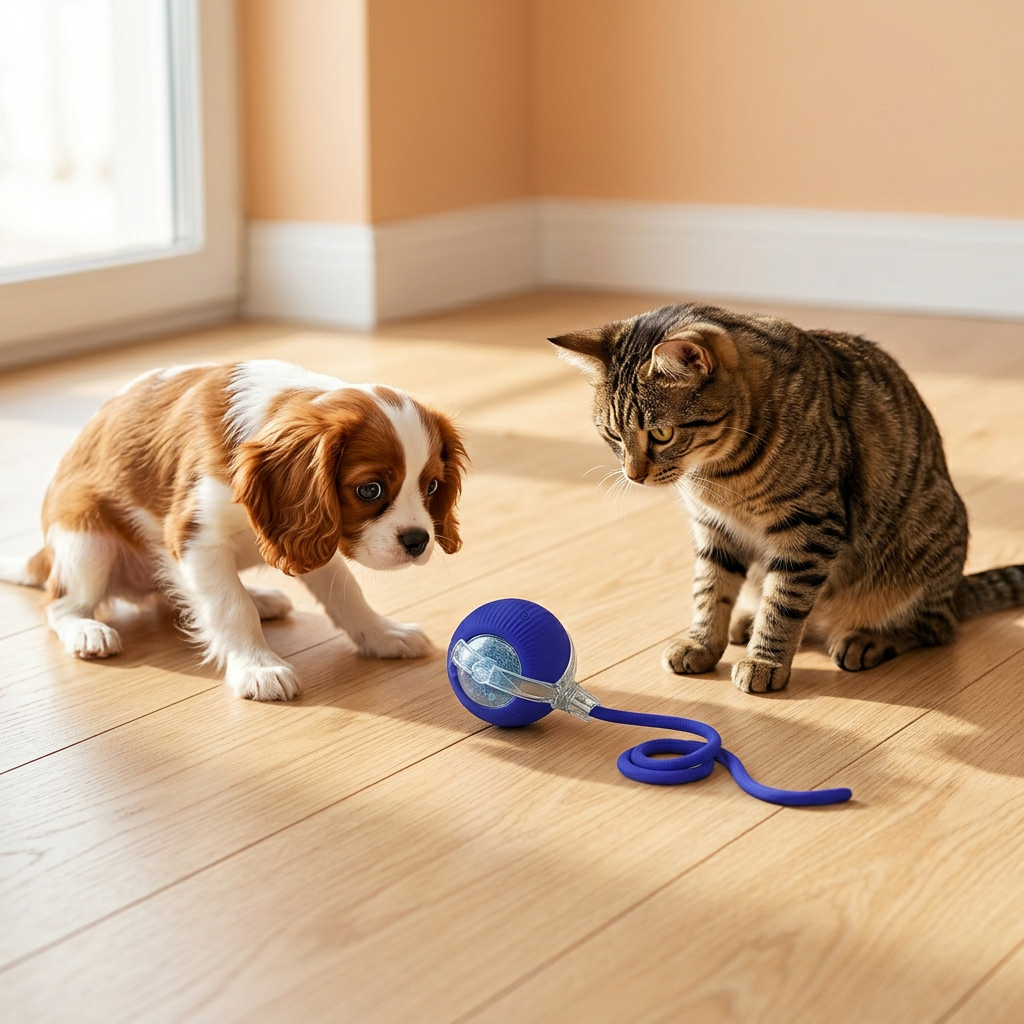 A brown and white puppy and a tabby cat are on a light wood floor indoors, looking at a blue ball toy with a coiled blue string.