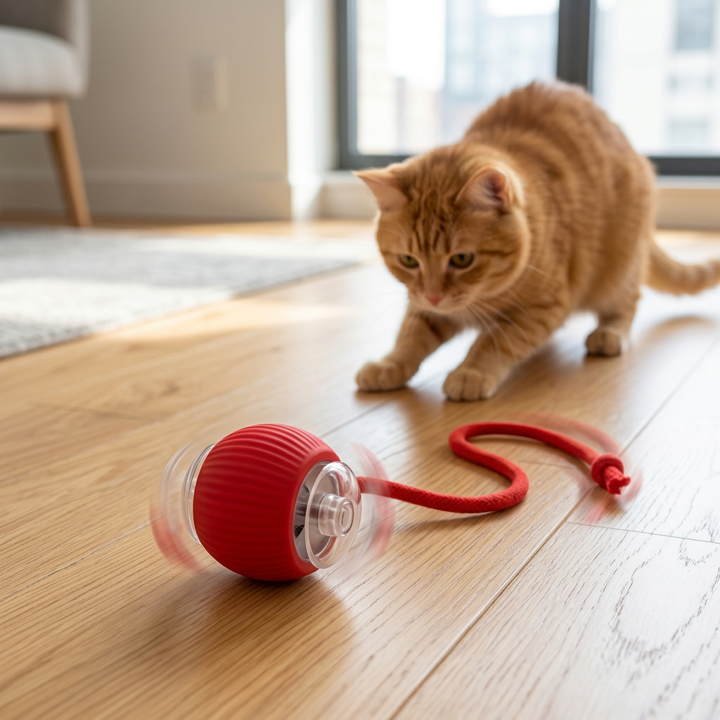 An orange tabby cat is shown in a real indoor room, looking at and interacting with a red spherical pet toy on a light wood floor. The toy has a ribbed red body, a clear top section, and a red cord.