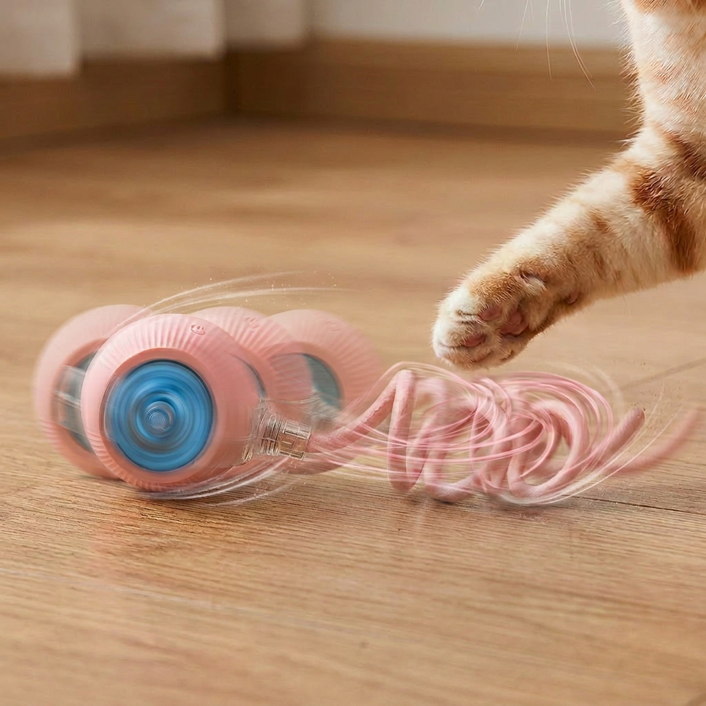 A pink and blue cat toy with a long pink wand is shown on a wooden floor, with a cat's paw reaching toward it.