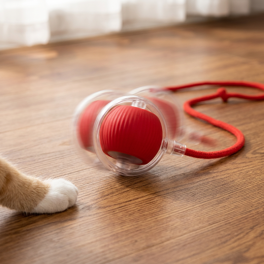 A red and clear pet toy with a red cord lies on a wooden floor, with a cat's paw visible at the left edge.