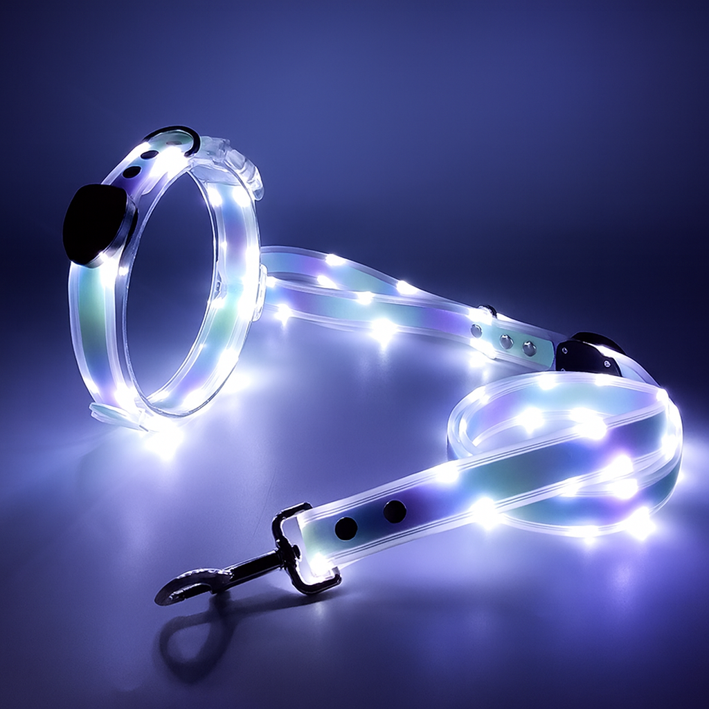 PetNex blue LED dog leash glowing on a dark background