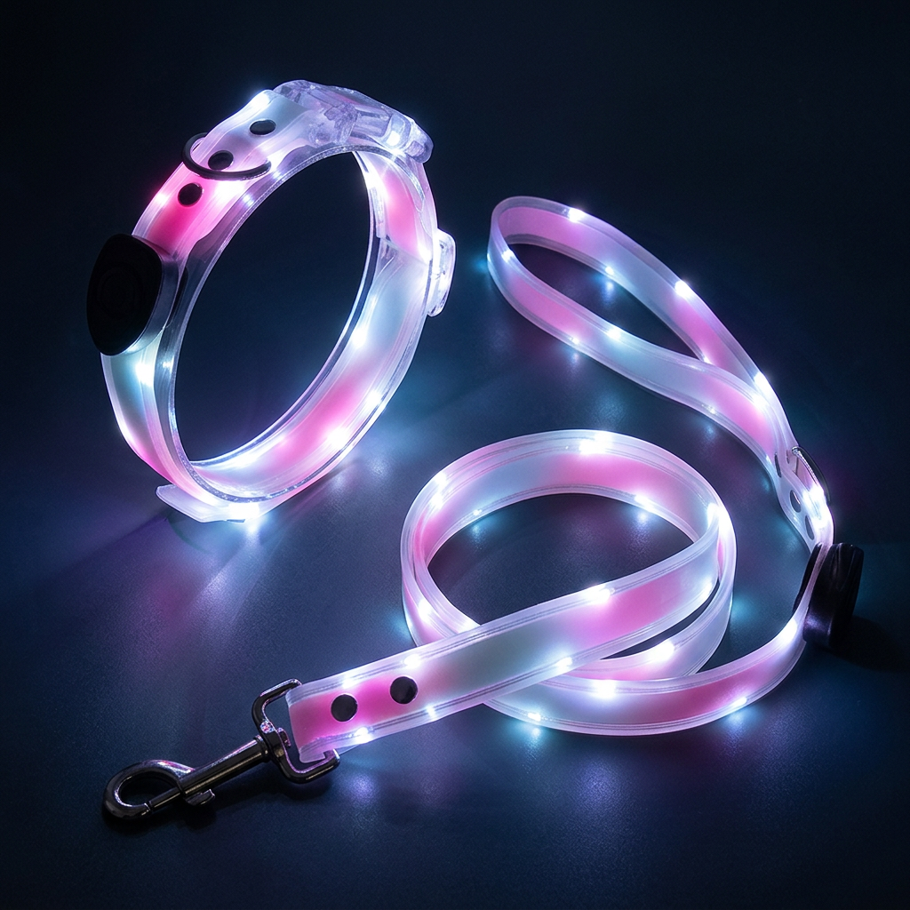 A glowing LED pet collar and matching leash set on a dark reflective surface. The collar and strap are made of translucent material with embedded pink, blue, and white lights, plus black hardware details.