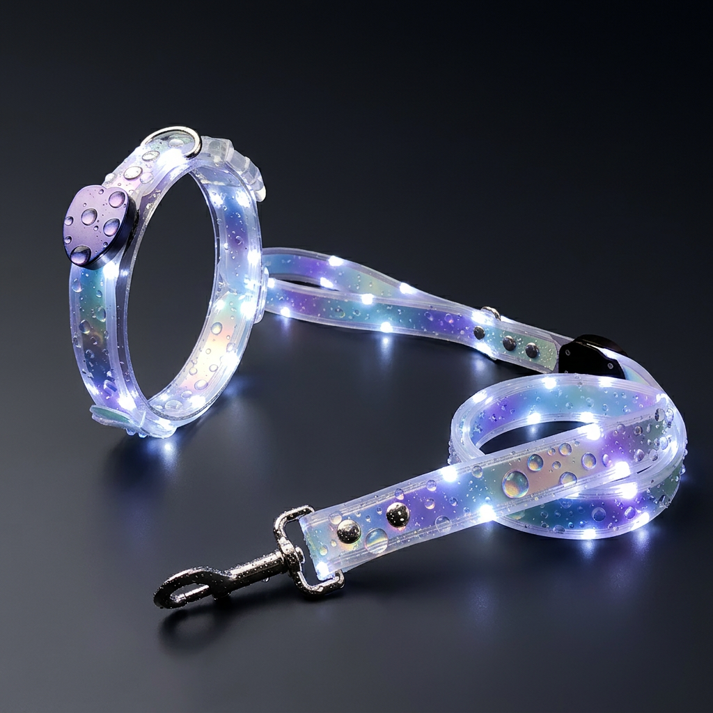 An LED light-up dog collar and matching leash set on a dark reflective surface. The collar features a purple flower-shaped buckle and the leash has a matching handle, both made of iridescent translucent material with embedded LED lights that glow with blue, purple, and pink colors. PetNex LED collar and leash set with water droplets beading on both surfaces — fully waterproof construction handles rain and wet conditions on everyday Australian walks | petnex.com.au