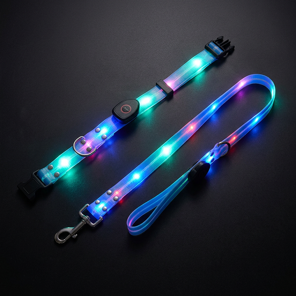 Two glowing LED pet accessories on a dark background: a long collar with a central button and a matching leash with a handle, both showing bright blue, pink, and green light effects.