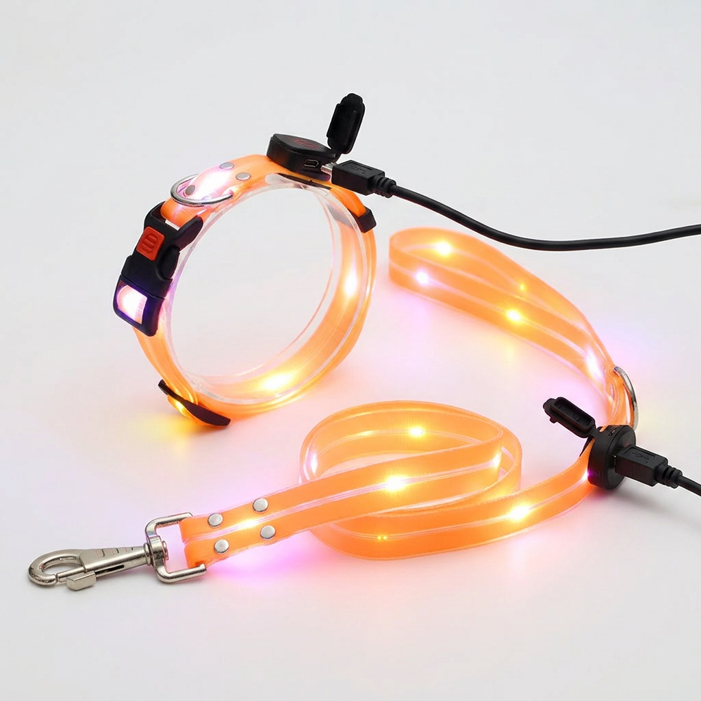 An illuminated LED dog collar and matching leash on a plain white background. The collar is made of transparent plastic with bright orange and pink glowing LEDs, and is attached to a flexible orange LED leash with black connectors and a silver metal clasp.
