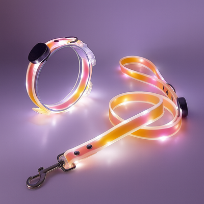 PetNex orange Dog collar and LED leash on a purple background