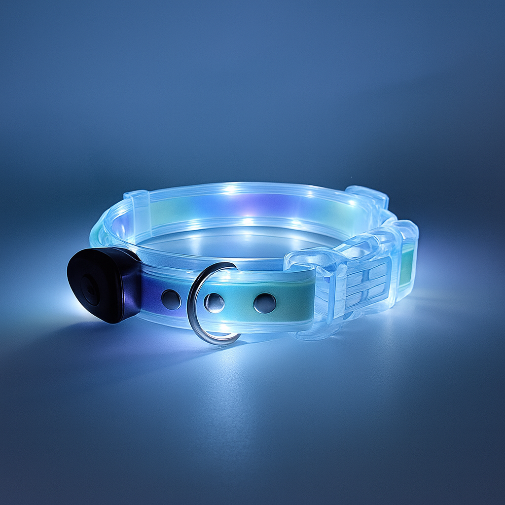 PetNex Glowing Purple-Green LED dog collar on a dark background