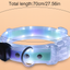 PetNex Purple-Green LED dog collar with measurements on a beige background