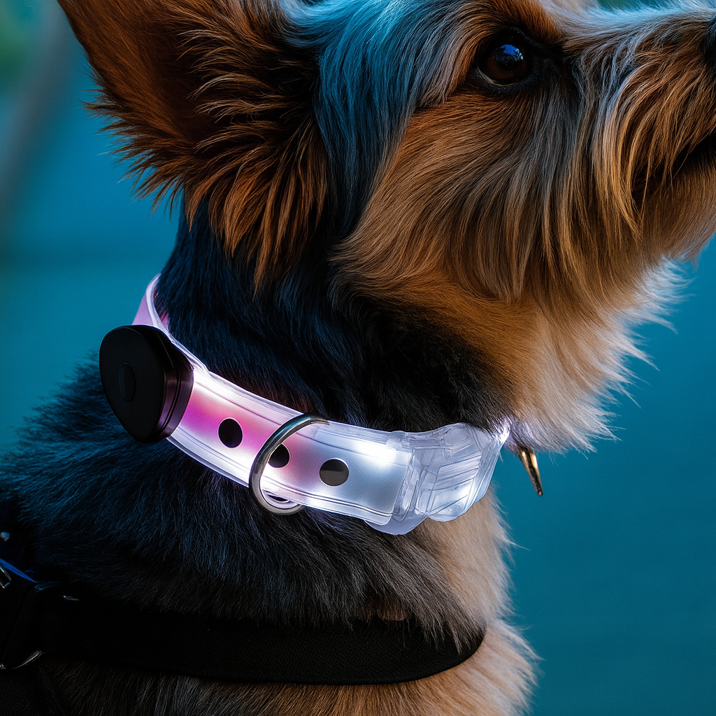PetNex white-pink Dog wearing a transparent LED collar with a blue background