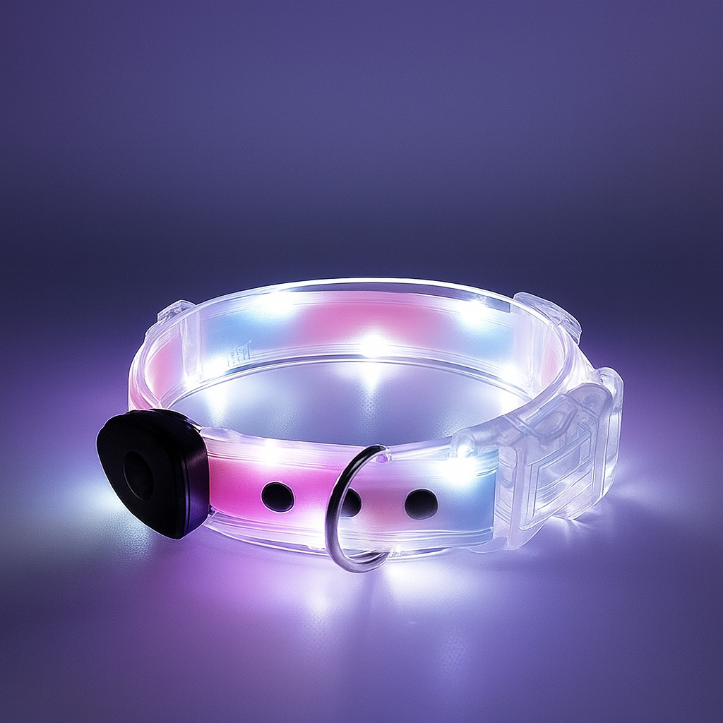 LED dog collar glowing on a dark background