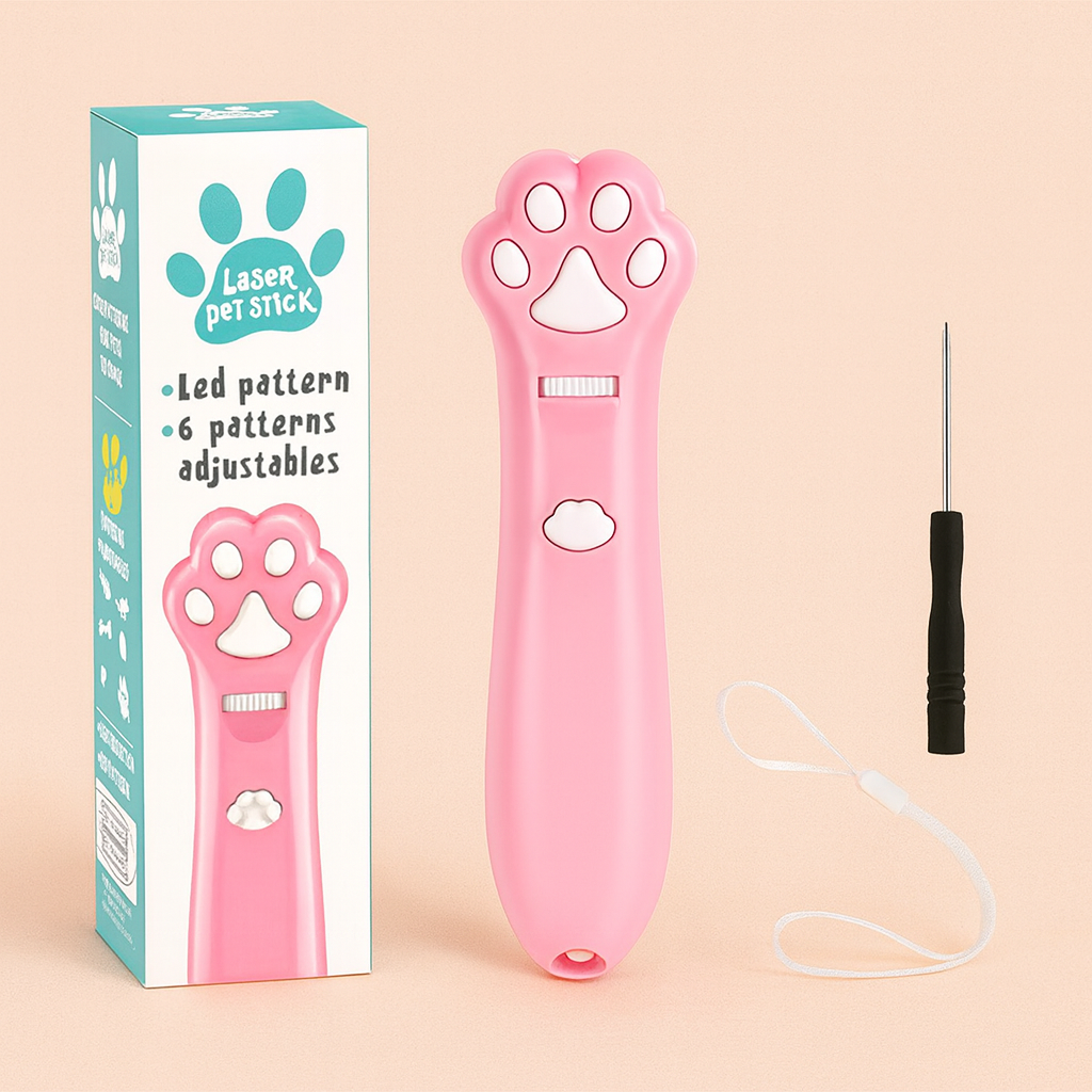 Pink paw-shaped toy with LED patterns and packaging on a beige background