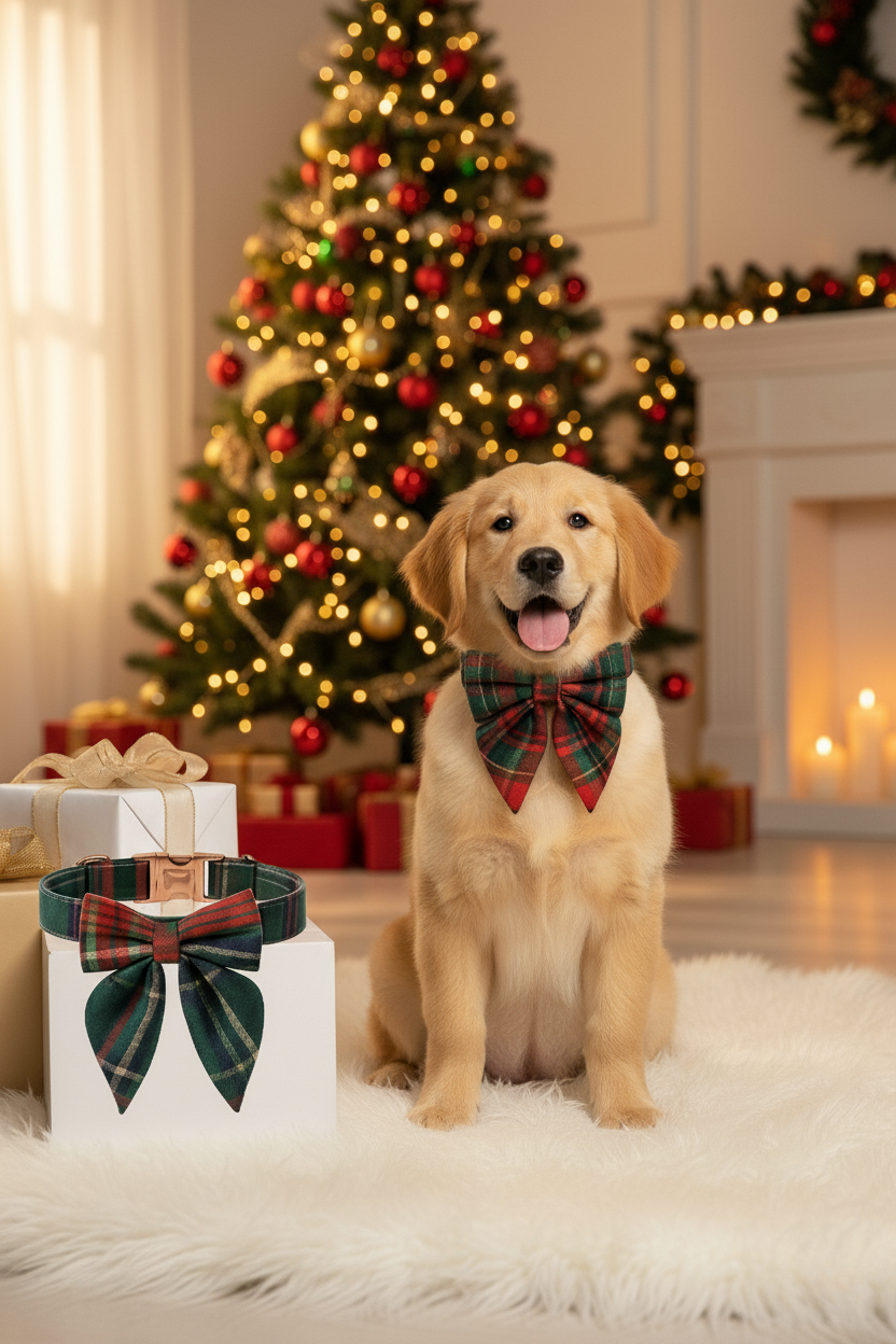 Dog wearing a plaid bow tie sitting in front of a decorated Christmas tree.