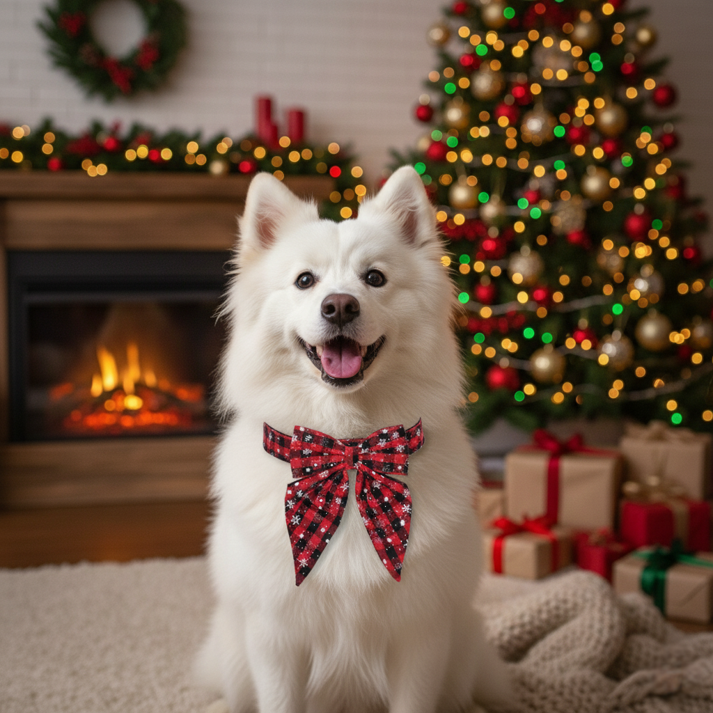 White dog wearing a red and black checkered bow tie collar in a festive room with a Christmas tree and fireplace.