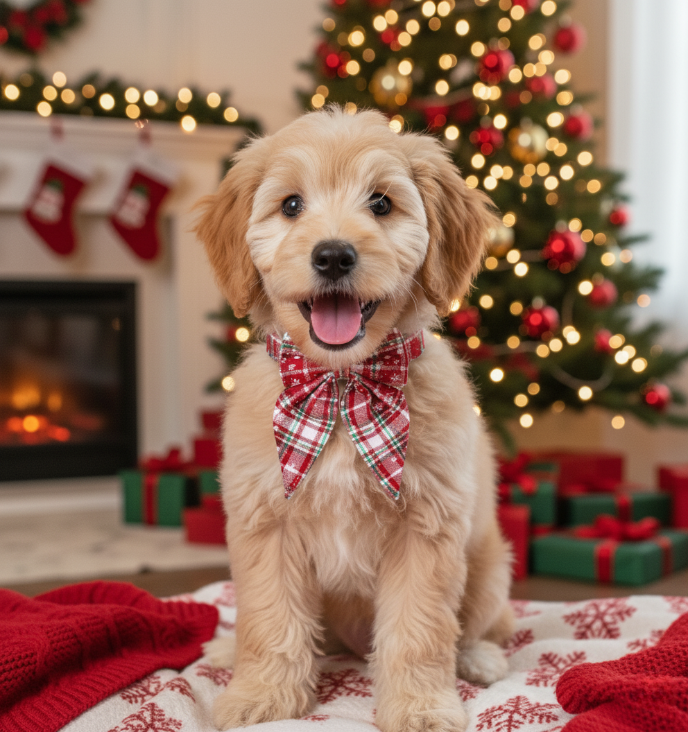 Puppy wearing a red plaid bow tie collar in a festive room with Christmas tree and stockings.
