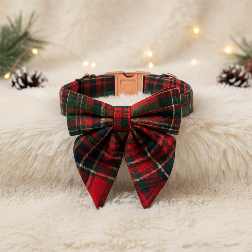 Red plaid bow tie and collar set on a fluffy surface with Christmas decorations.