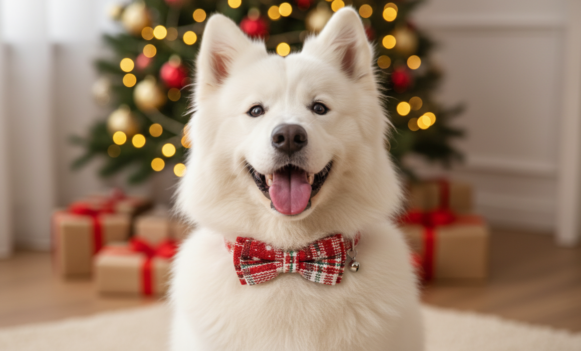 White dog wearing a red plaid bow tie in front of a decorated Christmas tree with lights and presents.