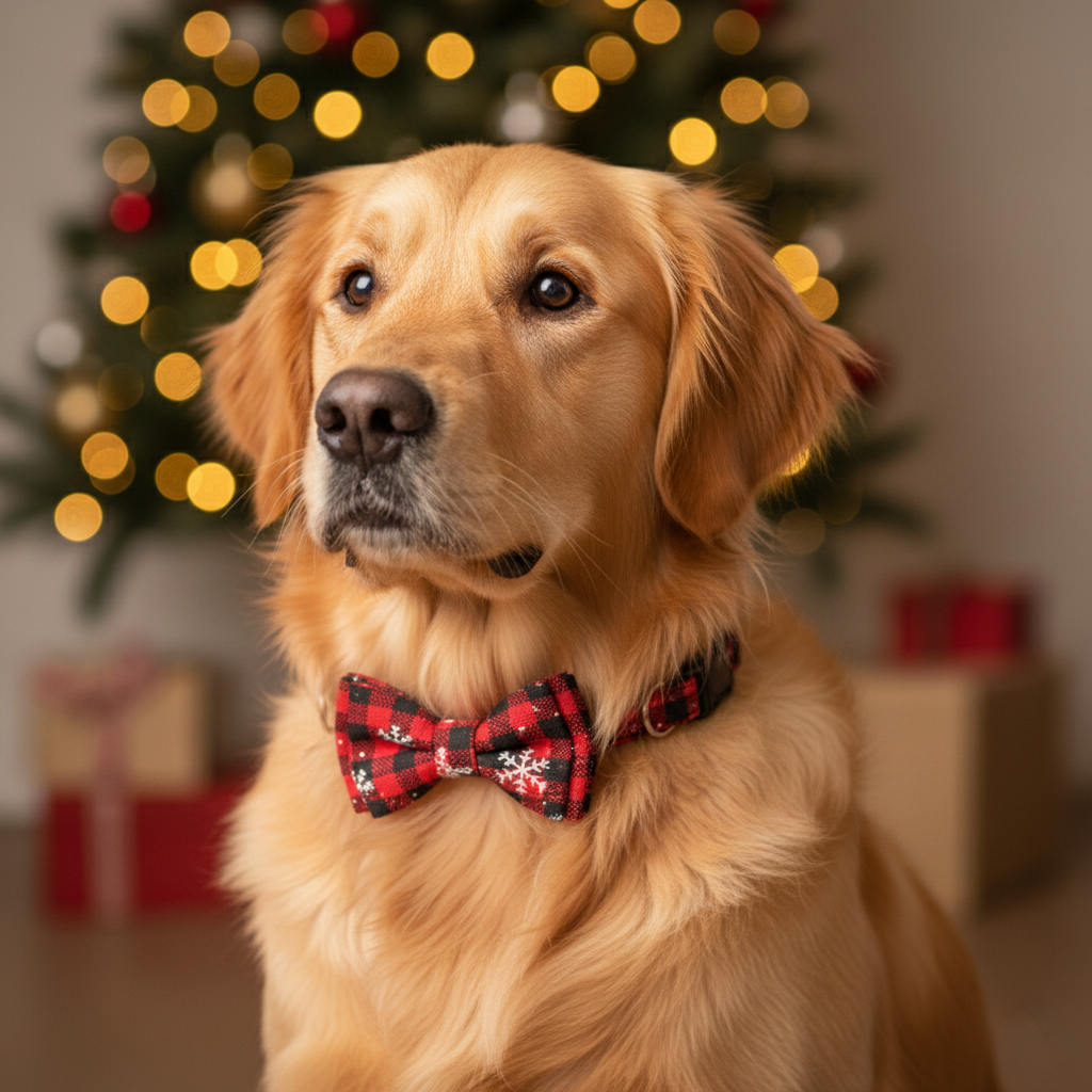 Dog wearing a red plaid bow tie with a blurred Christmas tree and presents in the background