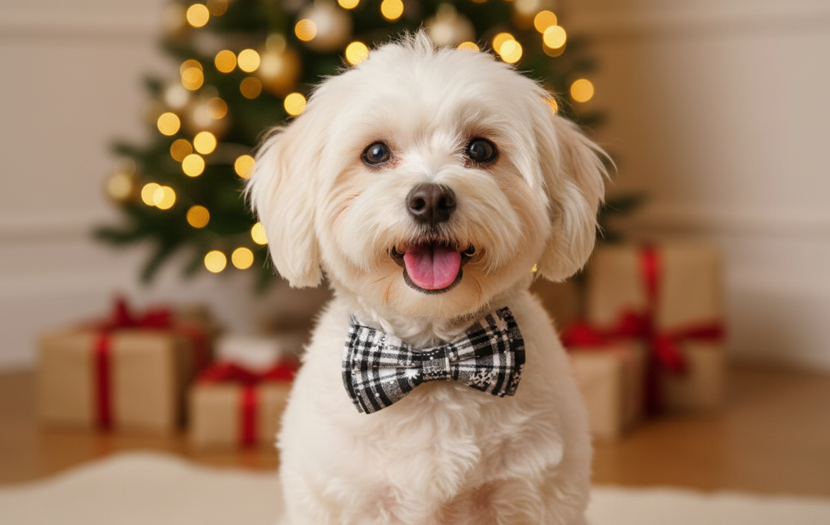 White dog wearing a bow tie in front of a decorated Christmas tree with lights and presents.