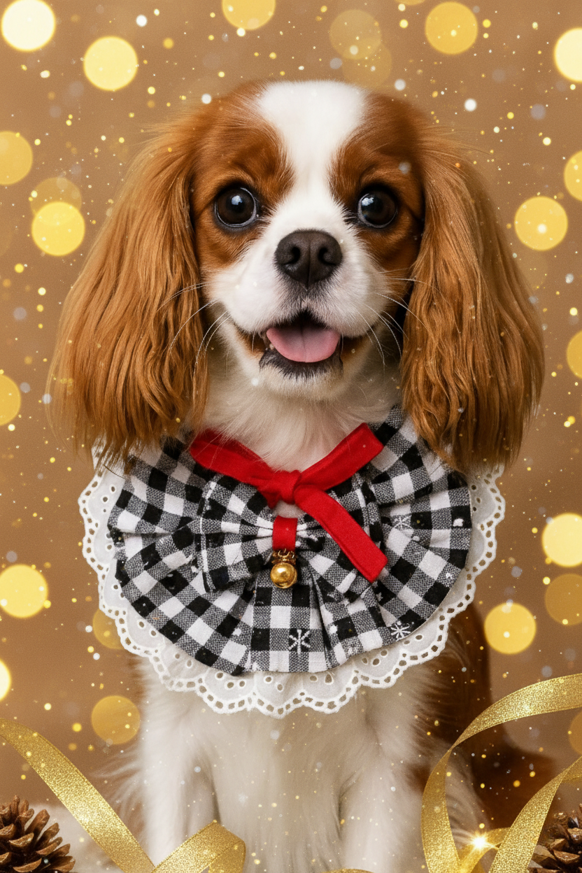 Dog wearing a checkered collar with a red bow on a gold background