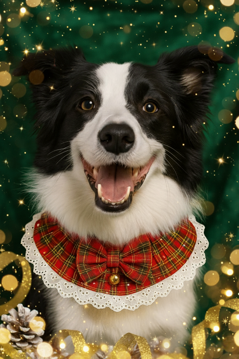 Dog wearing a plaid bow tie with a festive green background