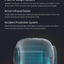 Technical diagram of a device with weight sensors, infrared radar, and accident protection system on a dark background.