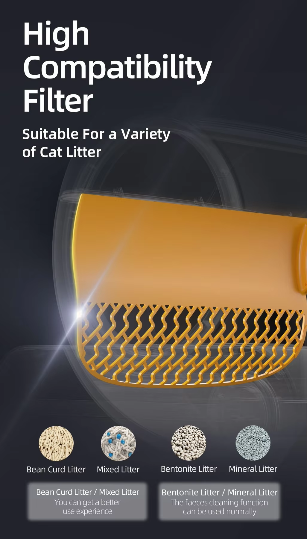 High compatibility filter for cat litter with text and product image on a dark background