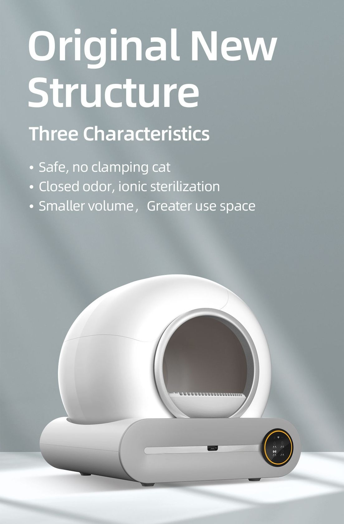 White and grey Automatic Smart Self-Cleaning Cat Litter Box with text on a grey background