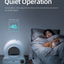 Cat litter box with a woman and cat in bed, labeled 'Quiet Operation' and 'Running noise ≤40 dB'.
