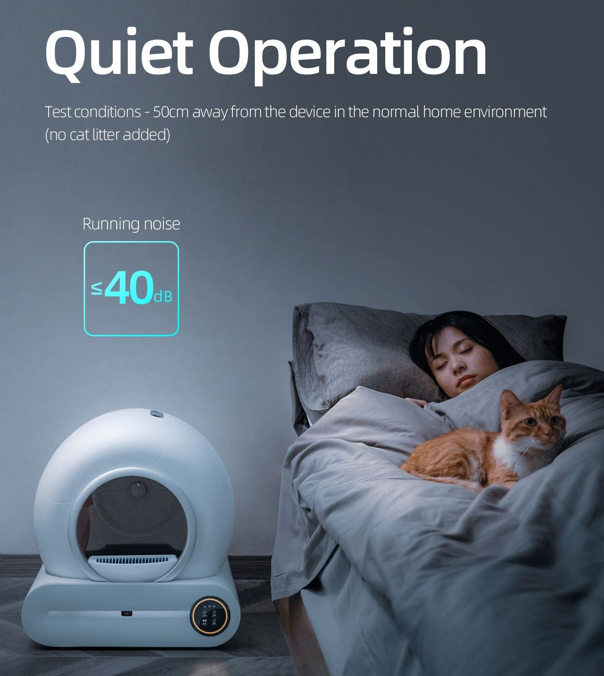Cat litter box with a woman and cat in bed, labeled 'Quiet Operation' and 'Running noise ≤40 dB'.
