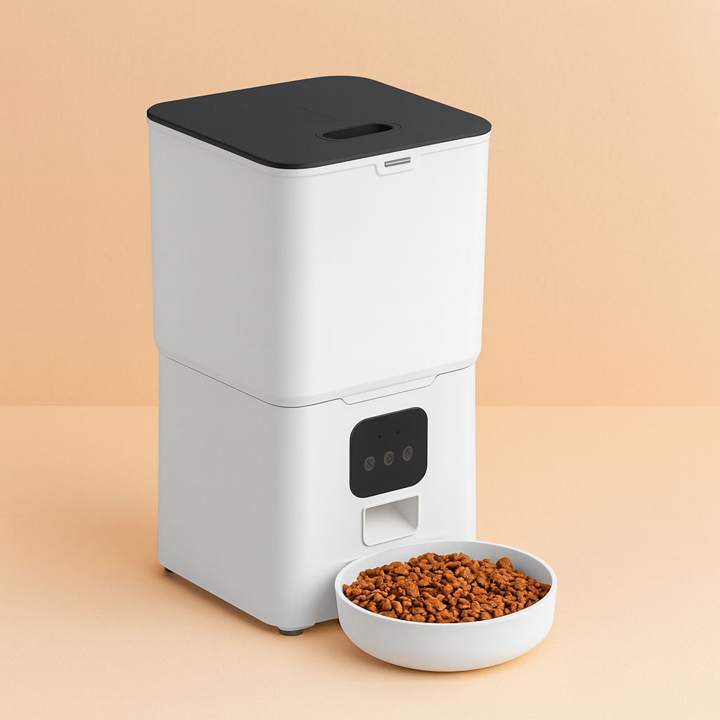 White pet feeder with a white bowl on a beige background