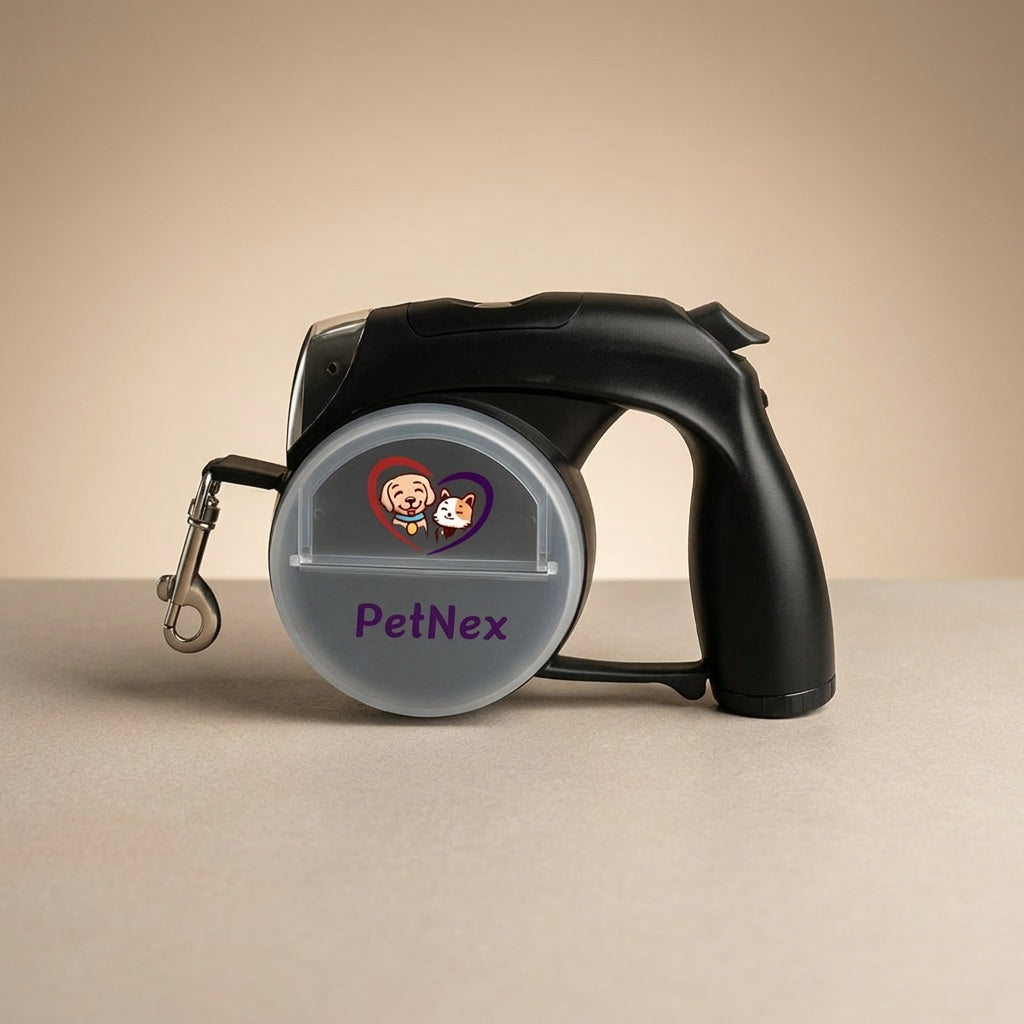 PetNex retractable dog leash with LED flashlight and storage compartments black color kept on a table