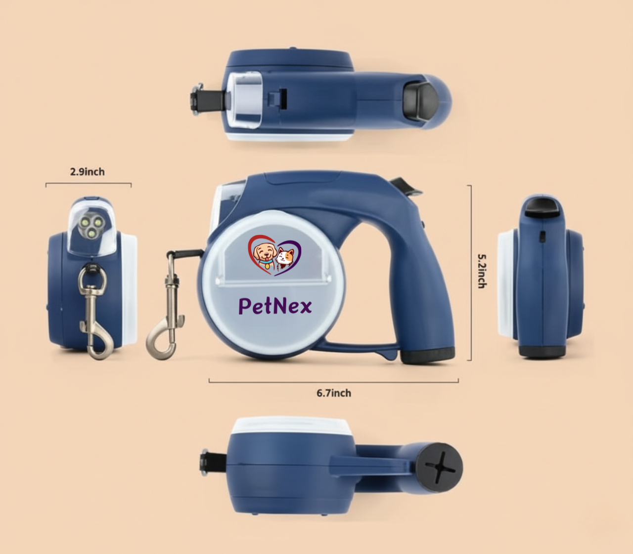 PetNex retractable dog leash with LED flashlight and storage compartments blue color dimensions